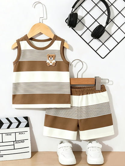 Baby Boy Summer Cartoon Bear Sleeveless Tank Top & Shorts Set
