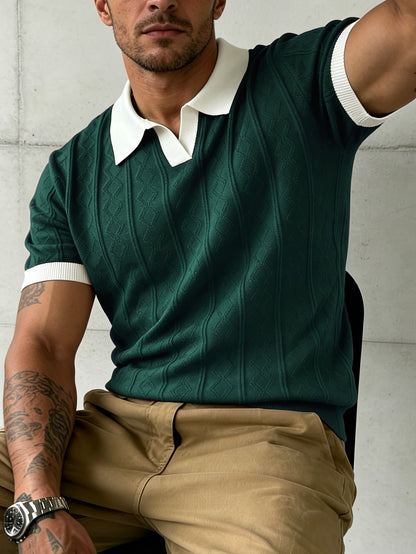 Men's Jacquard Knit Short Sleeve Polo with Contrast Collar