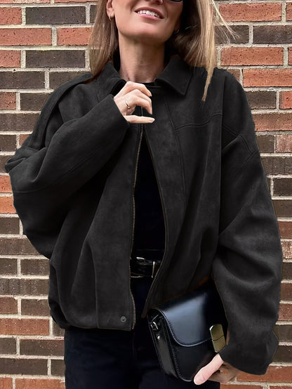 Women'S Vintage Bomber Jacket - Loose Fit Long Sleeve Zip-Up with Drop Shoulder Design, Brown Casual Outerwear for Fall/Winter, Non-Stretch Fabric, Perfect for Casual Attire, Autumn Winter Jacket | Vintage Bomber Style | Zipp