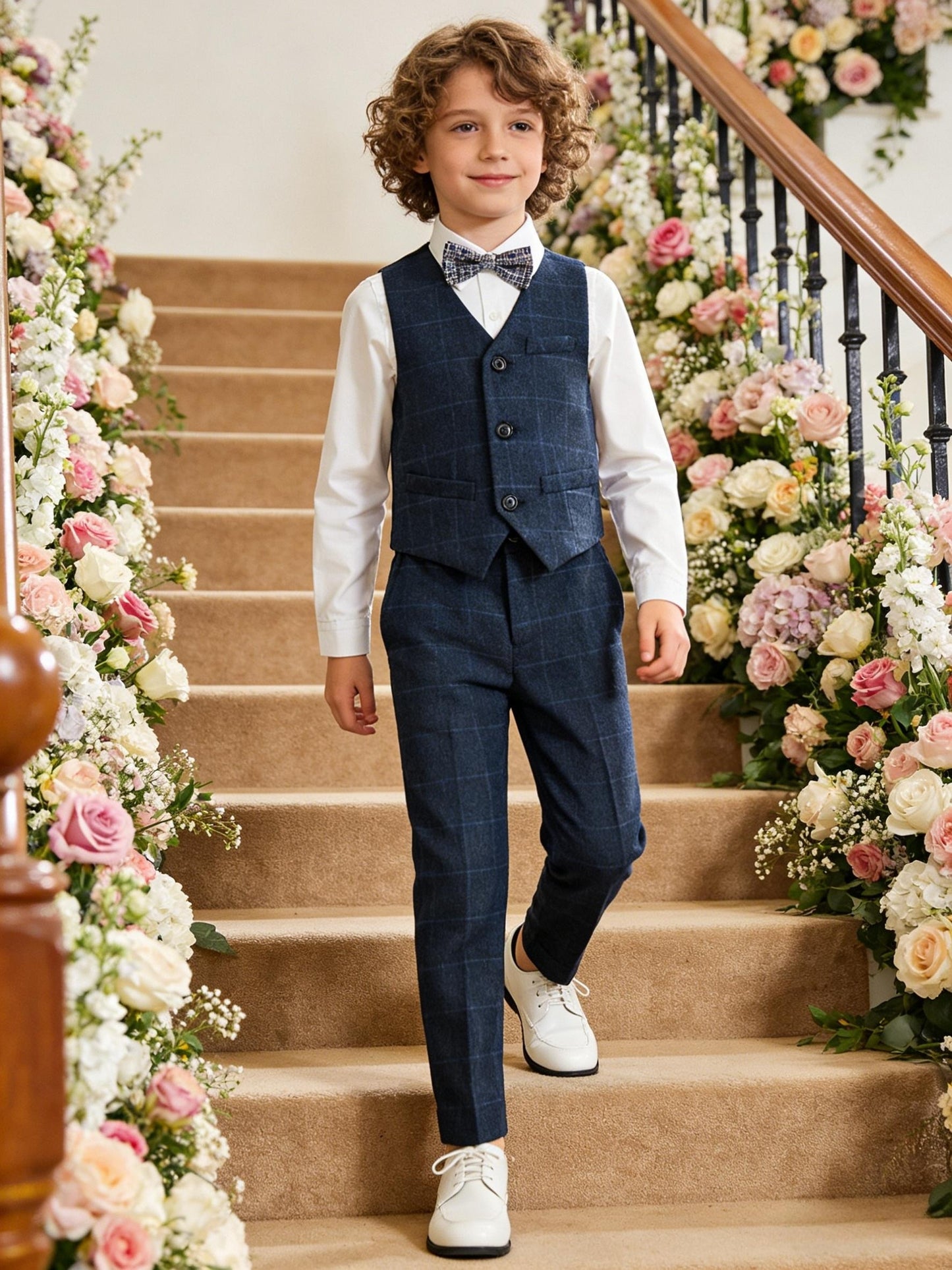 Boys' Preppy Plaid Suit Set with Vest, Pants & Bow Tie