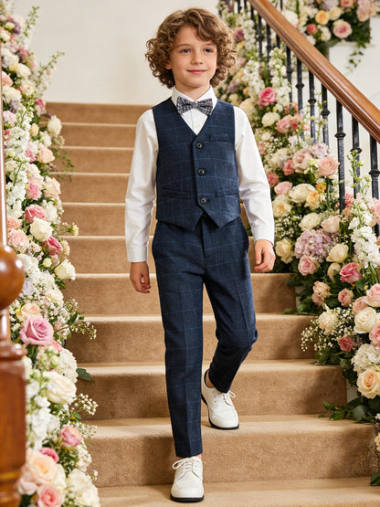 Boys' Preppy Plaid Suit Set with Vest, Pants & Bow Tie