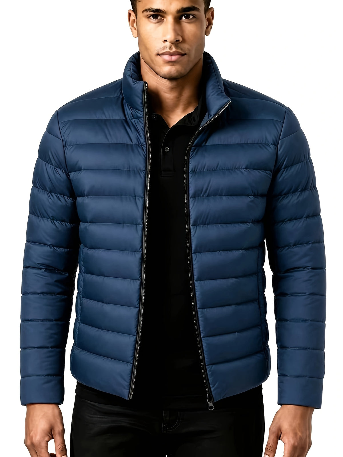 Men's Warm Winter Jacket with Stand Collar - Thick Polyester Coat