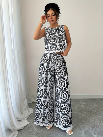 2pcs Women's Plant Pattern Round Neck Sleeveless Top and Pants Set