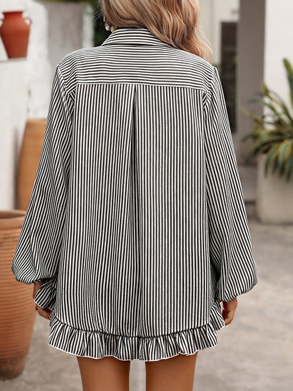 Women's Striped Bubble Crepe Button-Down Shirt & Shorts Set