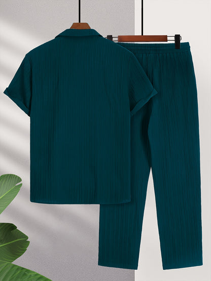 New Men's Colorful French Stripe Short Sleeve Shirt and Trousers Set