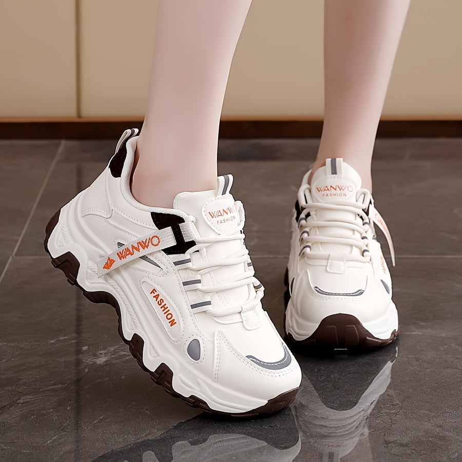 Women'S Fashion Sneakers - White Low-Top Lace-Up with Thick Sole, Stylish Tassel Detail, Lightweight All-Season Hiking and Walking Shoes, Casual Outdoor Footwear Trendy Casual Shoes Lightweight Footwear