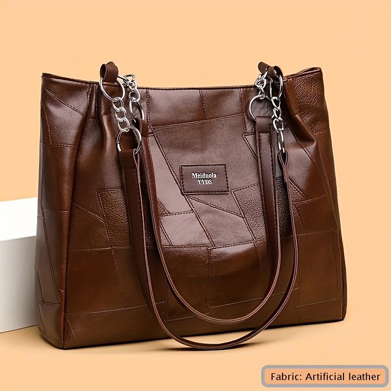 Women's Fashion Shoulder Bag with Patchwork Pattern and Chain Tote Handbag for Travel and Shopping
