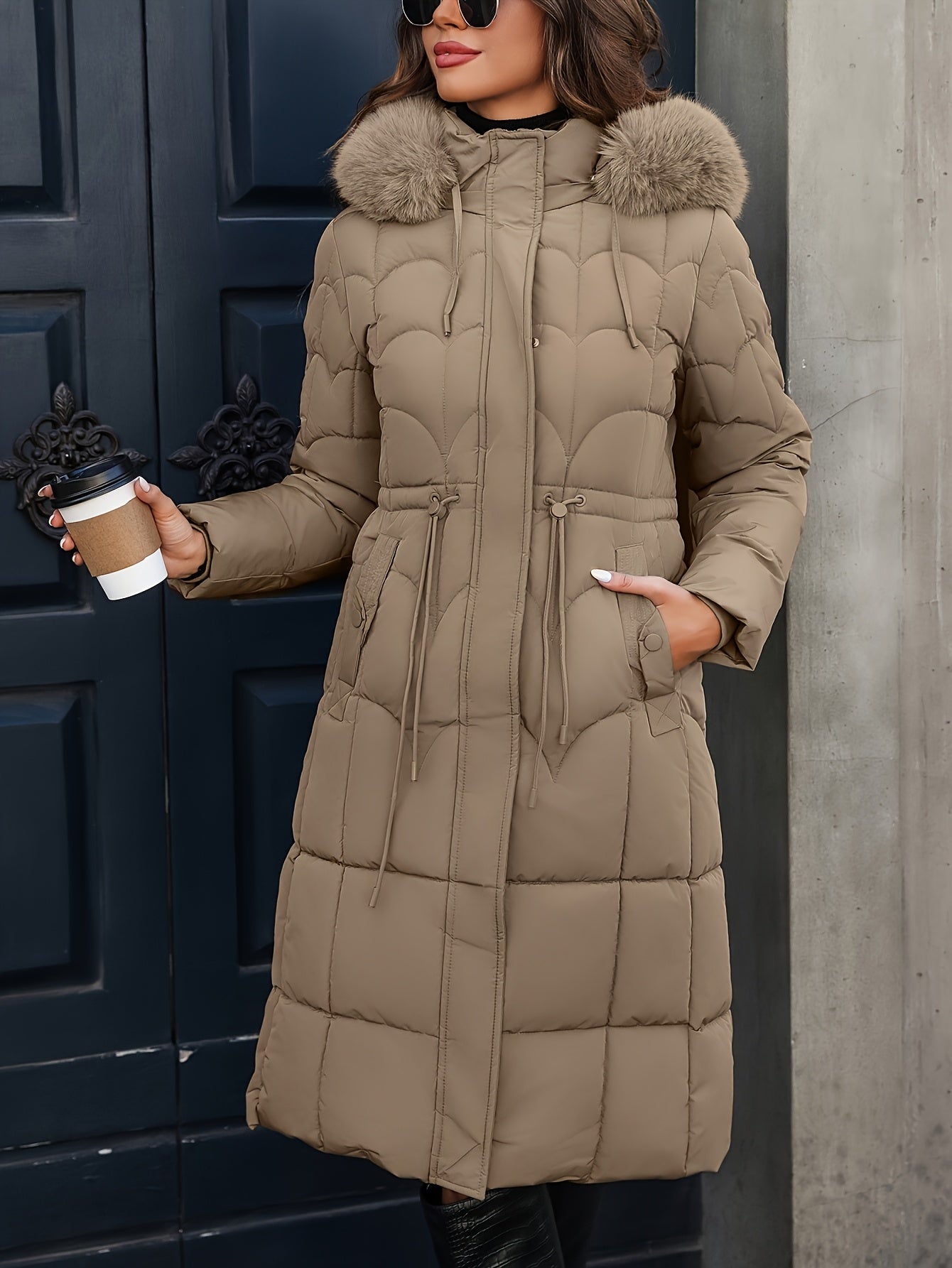 Autumn and Winter Women's Mid-Length Hooded Drawstring Pocket Waist Cinched Fashionable Mature Warm Versatile Solid Color Jacket