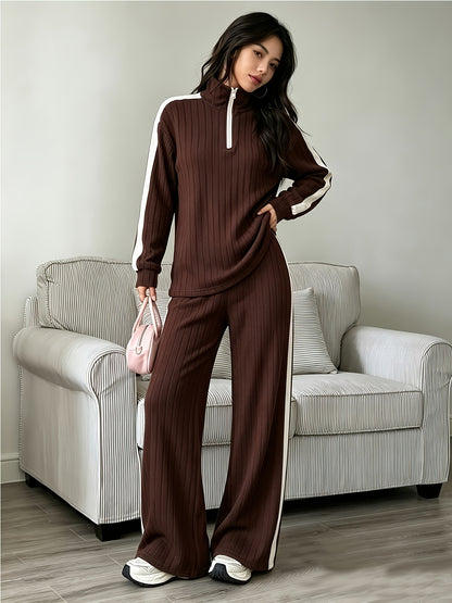 Women's Fall/Winter 2-Piece Casual Ribbed Loungewear Set - ayq