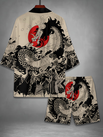 Men's Japanese Style Print Kimono Shorts Home Wear Casual Vacation Set