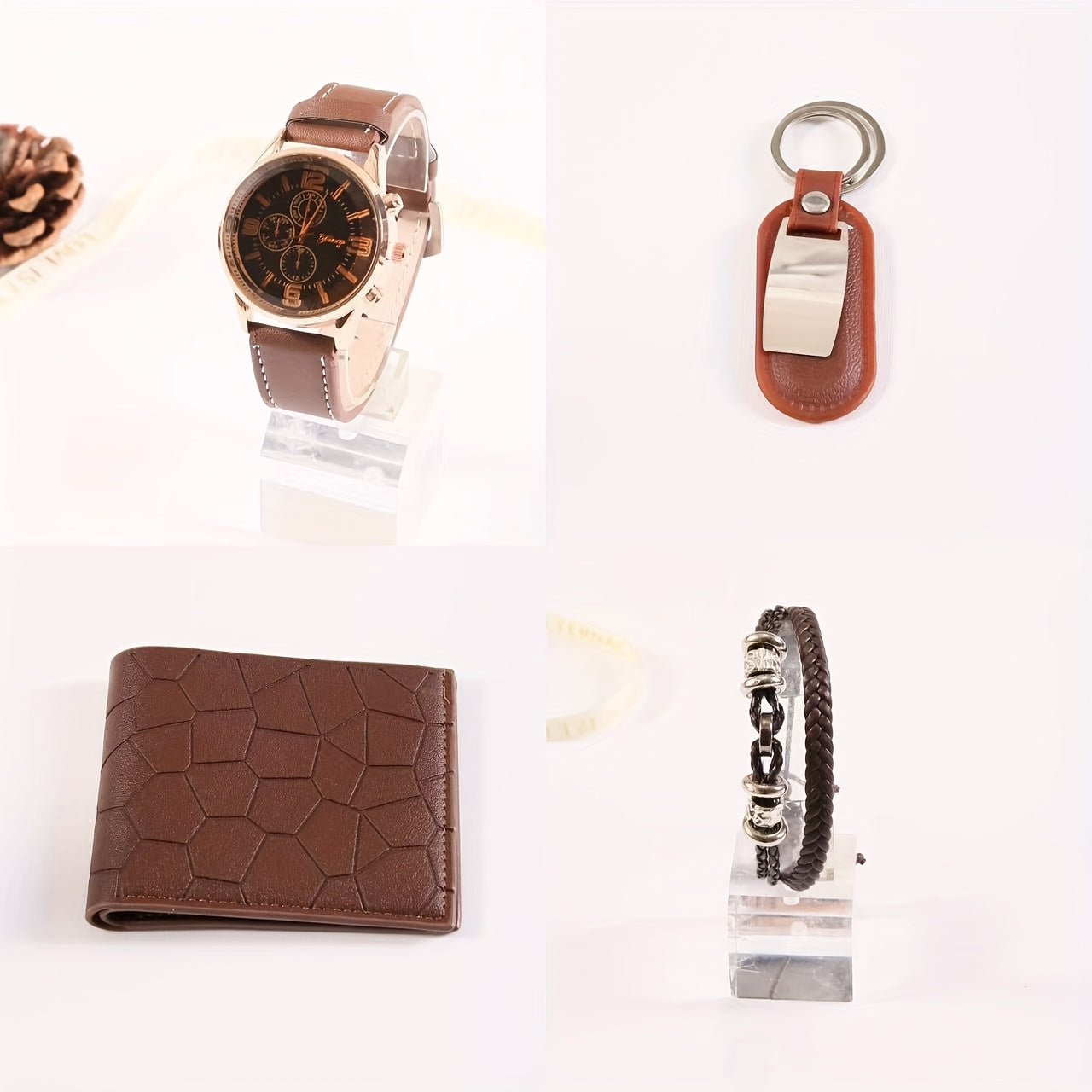 Christmas Gift Box Set of Six, Wallet + Watch + Bracelet + Keychain + Pen + Wooden Gift Box