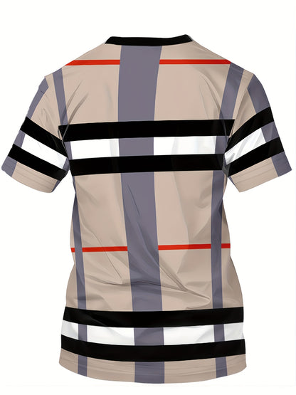Men'S Casual Striped T-Shirt with Mountain Logo - Short Sleeve, Crew Neck, Lightweight Polyester, Summer Fashion, Casual Wear Striped Pattern Lightweight Fabric