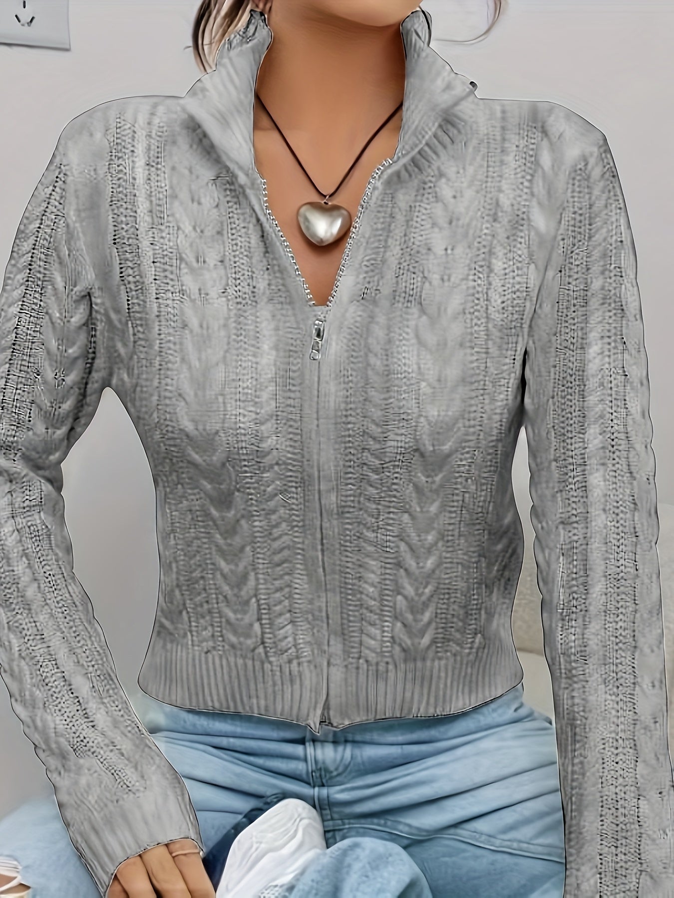 Women's Elegant Zip-Up Cable Cardigan with Stand Collar - Machine Washable Spring/Fall Jacket, White Solid Color, Braided Design & Zipper Front for Casual or Dressy Outfits, Cardigan Sweater, Autumn Layering Piece, Spring Out