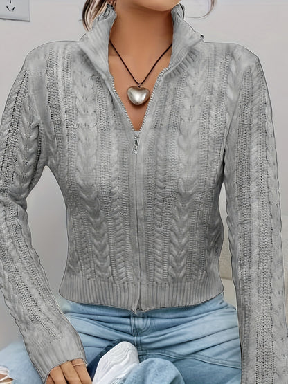 Women's Elegant Zip-Up Cable Cardigan with Stand Collar - Machine Washable Spring/Fall Jacket, White Solid Color, Braided Design & Zipper Front for Casual or Dressy Outfits, Cardigan Sweater, Autumn Layering Piece, Spring Out