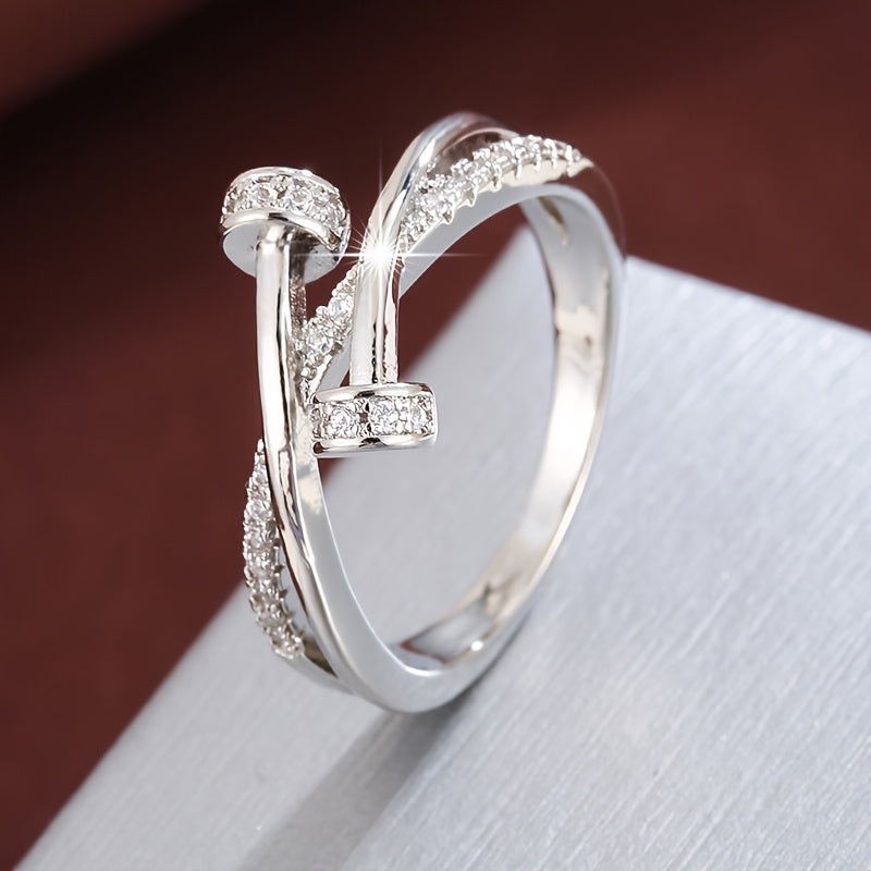 Women's Simple Cross-Inlay Zirconia Ring in White Gold Plating