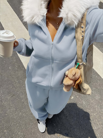 Women's Casual Polyester Hoodie & Wide-Leg Pants Set - ayq