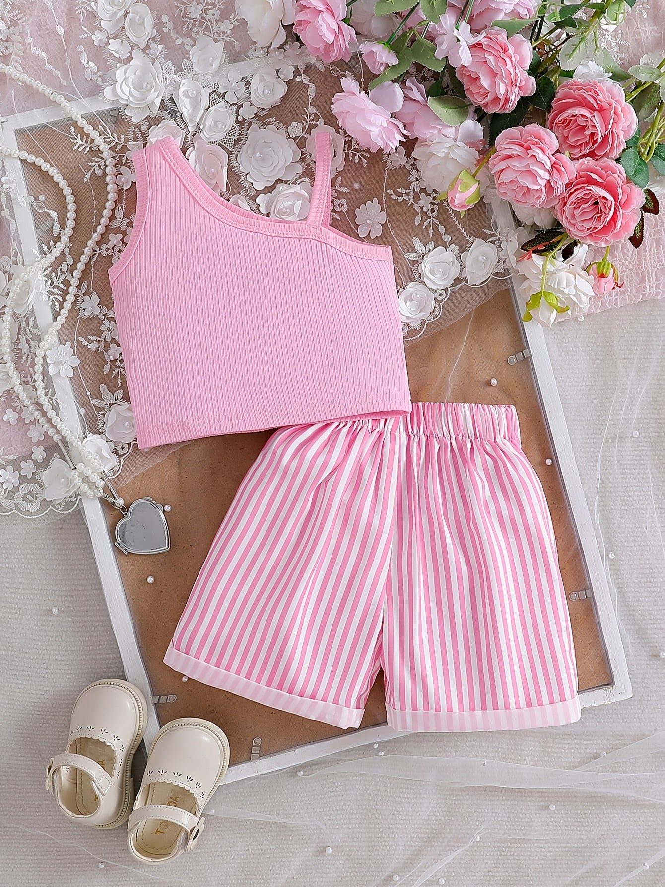 Girls Summer 2-Piece Off-Shoulder Top & Striped Shorts Set