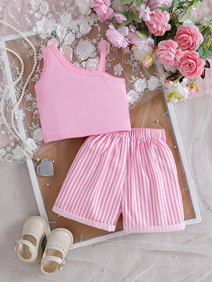 Girls Summer 2-Piece Off-Shoulder Top & Striped Shorts Set