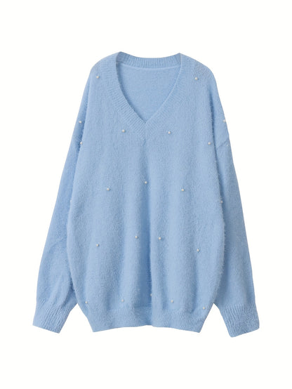 Plus Size - Women'S Cozy Yellow V-Neck Sweater with Pearl Buttons & Fleece-Lined Cuffs - Asymmetrical Hem, Geometric Pattern, Casual Winter Pullover for Casual Attire, Winter Apparel | Vneck Sweater | Pearl Button Details, Sw