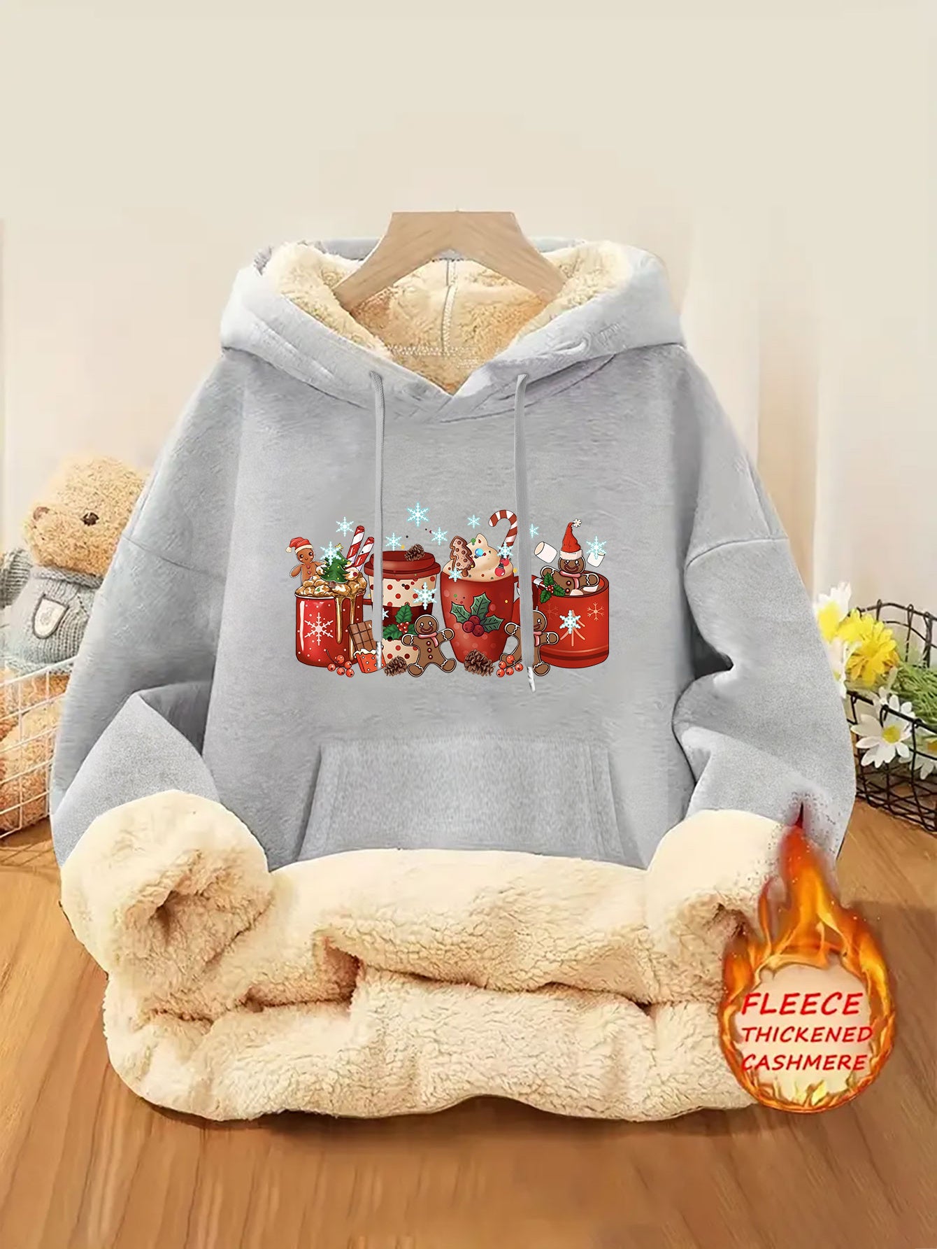 1pc Women's Thick-Lined Hooded Sweatshirt with Gingerbread for Man in Santa Hat & Candy Cane Print - Cozy Plush Lined, Soft Polyester Warm Pullover for Fall/Winter, Machine Washable Casual Outerwear, Cold Weather Wear, Minima