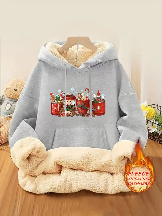 1pc Women's Thick-Lined Hooded Sweatshirt with Gingerbread for Man in Santa Hat & Candy Cane Print - Cozy Plush Lined, Soft Polyester Warm Pullover for Fall/Winter, Machine Washable Casual Outerwear, Cold Weather Wear, Minima