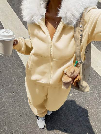 Women's Casual Polyester Hoodie & Wide-Leg Pants Set - ayq