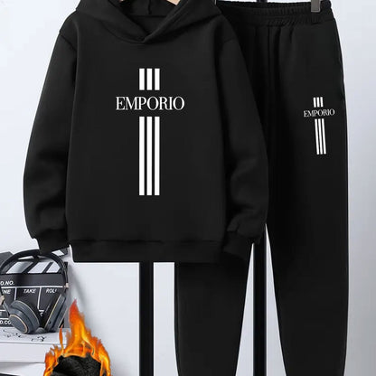 Boys' 2pcs Hoodie and Sweatpants Set with EMPORIO Print, Polyester Material, Comfortable Fit for Autumn/Winter Wear, Perfect for Daily Use and Outdoor Activities | Back-to-School Gift | Ideal for Home Sports | Essential for R