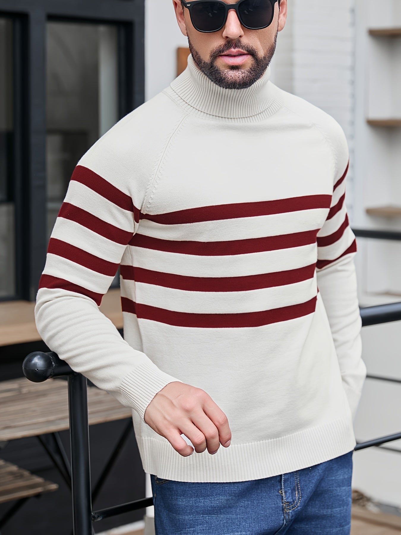 Men's High Neck Long Sleeve Striped Contrast Color Pullover Sweater - ayq