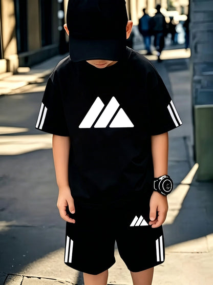 Boys' Casual Sports Set with Mountain Print, Polyester, Ages 7-12