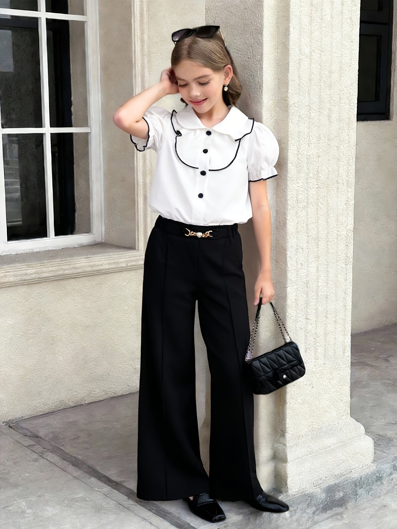 Girls' Preppy Spring/Summer Two-Piece Set with Doll Collar Top & Wide-