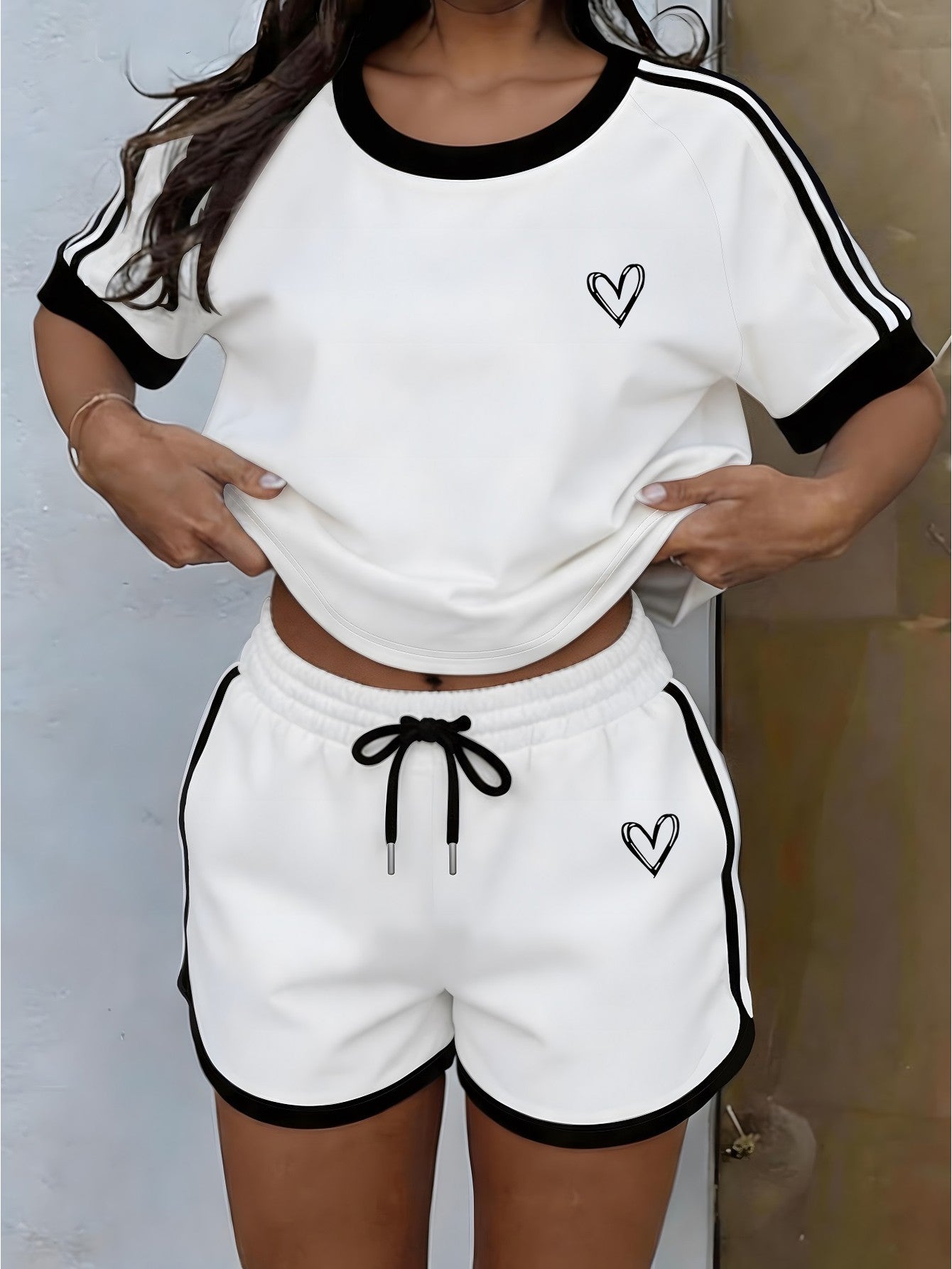 Casual Heart Print 2-Piece Set for Spring and Summer