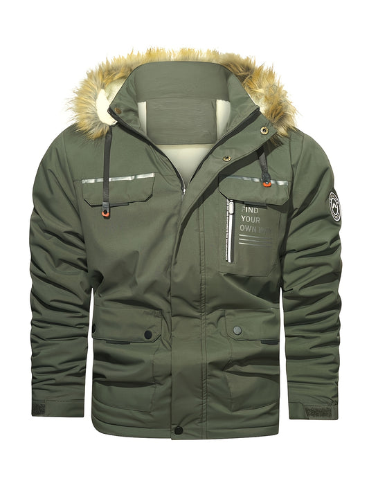 Men'S Winter Hooded Jacket with Fleece Lining - Thickened Zip-Up Coat, Multiple Pockets, Detachable Hood, Olive Green, Casual Sporty Style for Cold Weather, Winter Jacket, Durable Outerwear, Winter Coat Men, Coat With Variabl