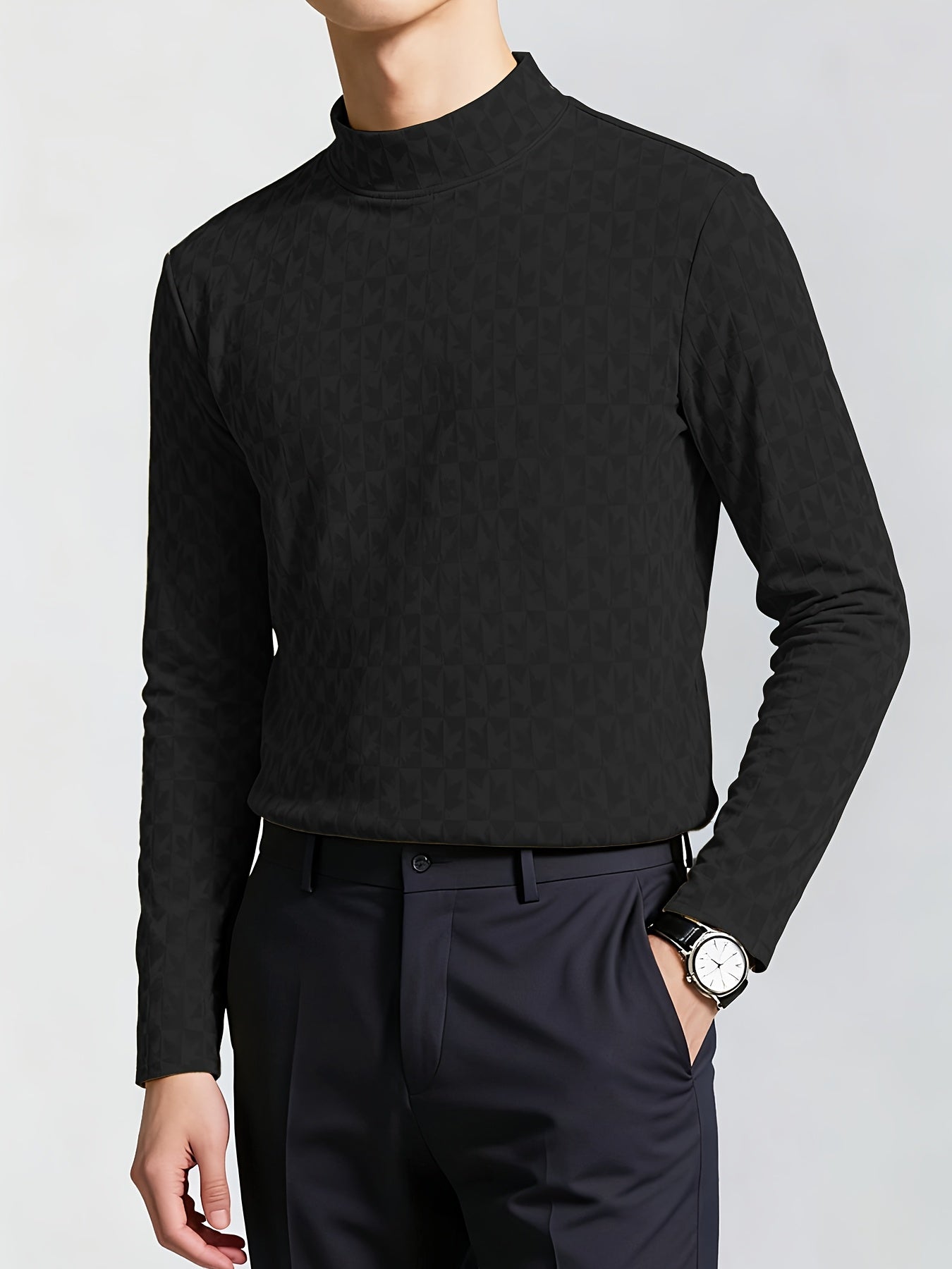Men'S Long-Sleeve T-Shirt with a Half-High Collar, Casual Jacquard Base Layer for Outerwear, Stylish And High-Quality Top for Autumn And Winter