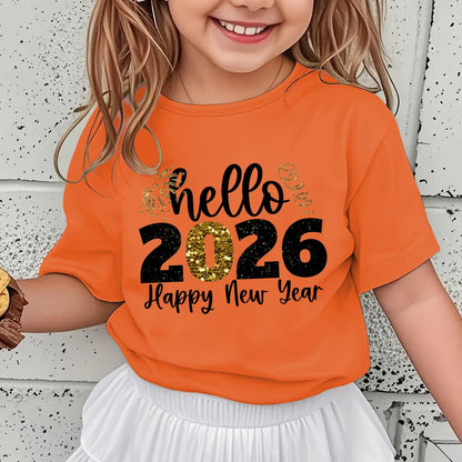 Girls' 2026 New Year T-Shirt - Hello 2026 Happy New Year Graphic Tee with Golden Number 2026, Heart, & Golden Lettering - Lightweight Summer Top for Birthday Party, Girls Clothes