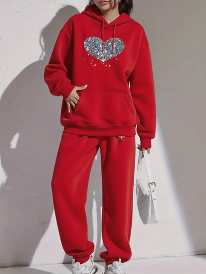 Ladies' Autumn-Winter Casual Hooded Sweatshirt and Pants Set with Shiny Heart Print | Comfortable Fleece-Like Feel, Drawstring Details