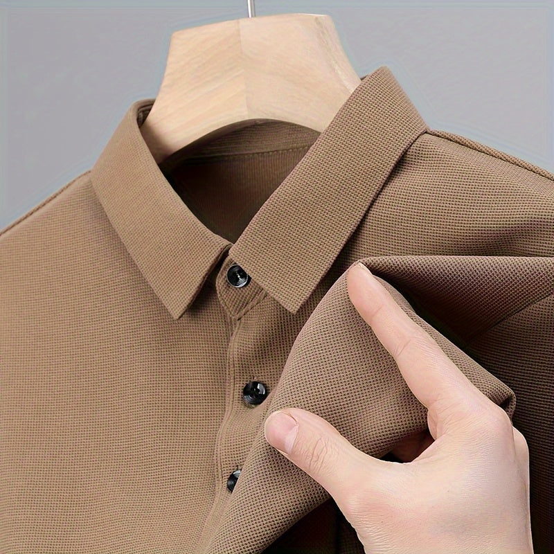 Men's Solid Short Sleeve And Lapel Collar Henley Shirt, Casual And Comfy Sports Tops For Summer Golf Wear And Outdoors Activities