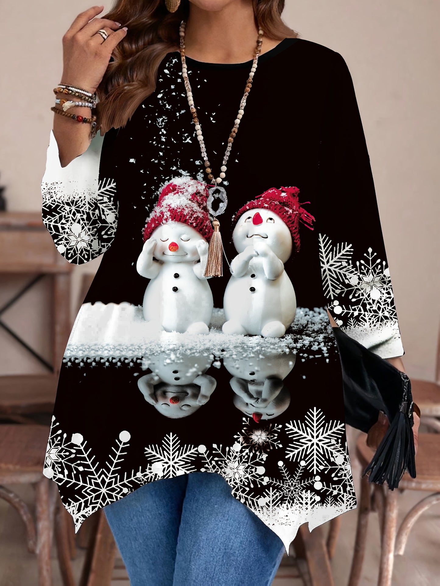 Plus Size, Plus Size Women's Elegant Snowman Print Long Sleeve T-Shirt - Asymmetrical Hem Winter Sweater-like Blouse, Stretchy Round Neck Top for Christmas Party, Casual & Semi-Formal Wear, Machine Washable (Black/White Snowf
