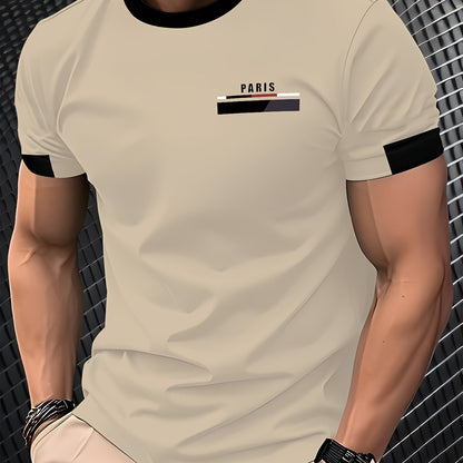 Men'S Paris Graphic T-Shirt - Green Polyester Crew Neck Tee with White Stripes  Print - Casual Sporty Knit Top for Casual Attire, Breathable Fabric