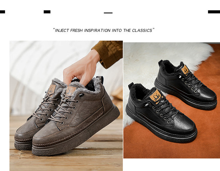 Men's Winter Warm PU -Like Hiking Sneakers with Plush -Like, EVA Cushioned Sole & Rubber Traction Tread - Low-Top Lace-Up Outdoor Shoes for Ice, Snow, Casual Wear (Black/Brown) - Cold Weather