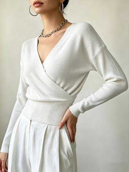 Women's Elegant Cross-Collar V-Neck Pullover Knitwear for Fall/Winter
