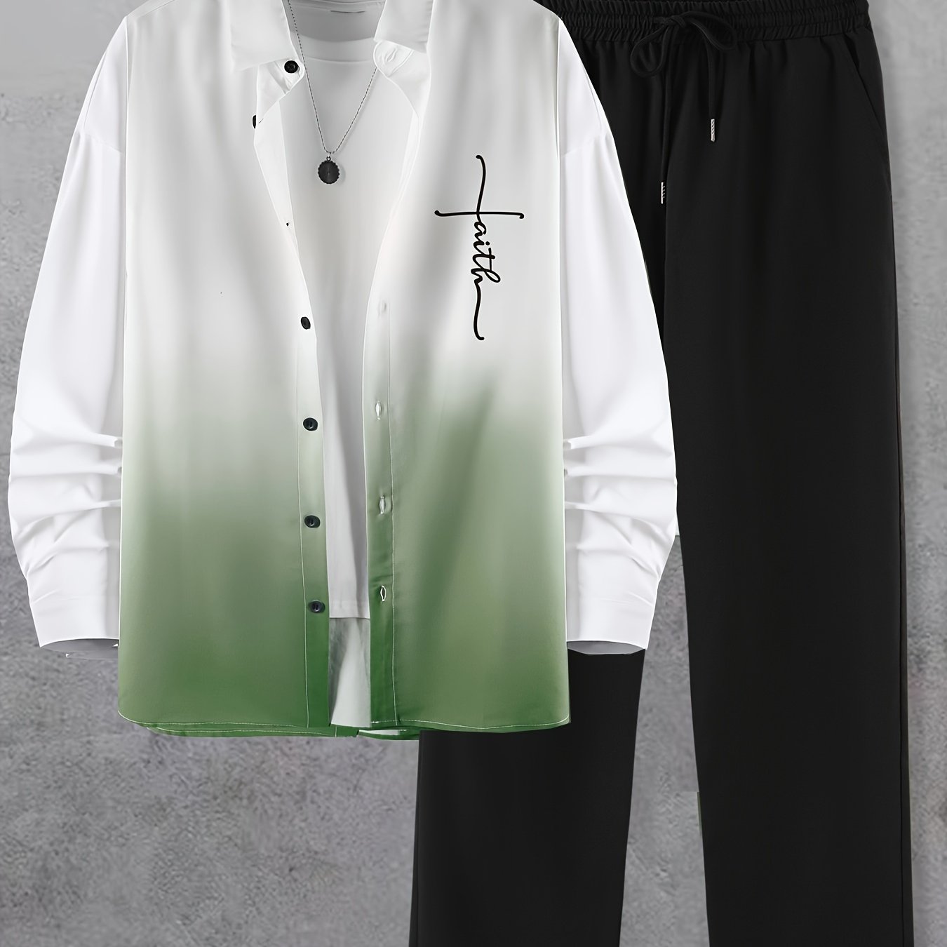 Men's Trendy Gradient Print Collar Long Sleeve Shirt and Pants Fashion Set
