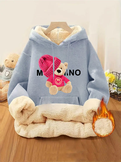 Women'S Thick Fleece Hooded Sweatshirt with Cute Bear Print & Plush - Cozy Winter Warmth, Drawstring Hood & Pockets, Casual Retro Style, Machine Washable For Fall/winter Commuting & Daily Wear, Winter Sweatshirt, Seasonal Fas