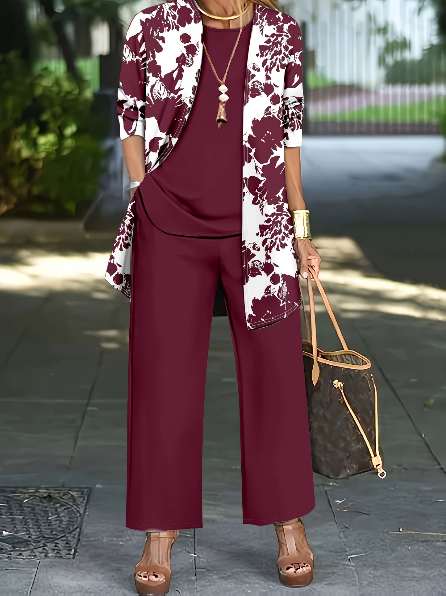 Plus Size, A three-piece set of elegant and unique female plus-size floral printed top and solid-colored vest and trousers