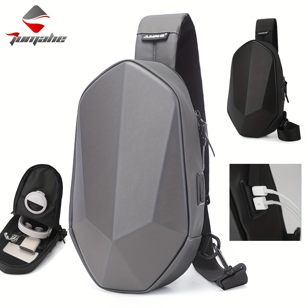 JUMAHE Men's USB Charging Crossbody Bag with Dual Power Ports, Hexagonal Geometric Design Street Style Shoulder Bag - Premium Durable Fabric, Adjustable Strap  Zipper Closure for Daily Commute (Black/Grey), Bags for Travel,