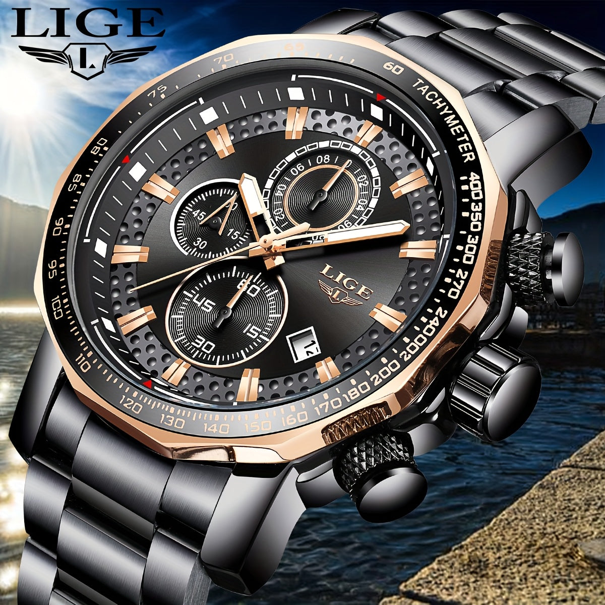 LIGE Watches Fashion Junior Men's Sports Multifunctional Quartz Watch, IP68 Waterproof Watch, Stainless Steel Band, Precision Chronograph, Stopwatch Date Function, Casual Elegant Vintage Style New Watch, Holiday Gifts - ayq
