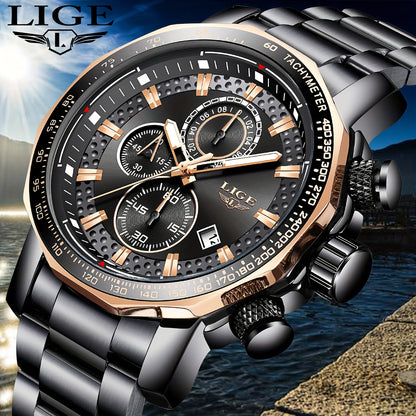 LIGE Watches Fashion Junior Men's Sports Multifunctional Quartz Watch, IP68 Waterproof Watch, Stainless Steel Band, Precision Chronograph, Stopwatch Date Function, Casual Elegant Vintage Style New Watch, Holiday Gifts - ayq