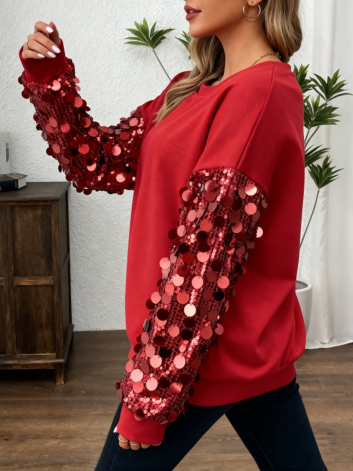 Women'S Elegant Red Sequin-Embellished Sweater - Sparkling Long Sleeve T-Shirt with Drop Shoulder Lantern Sleeves, Soft Stretchy Fabric, Perfect For Fall/winter Fashion, Winter Clothing | Sparkling Embellishments | Constructi