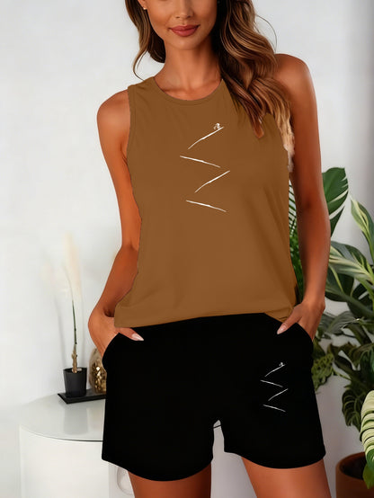 Women's Y2K Geometric Tank Top & Shorts Set, Spring-Summer