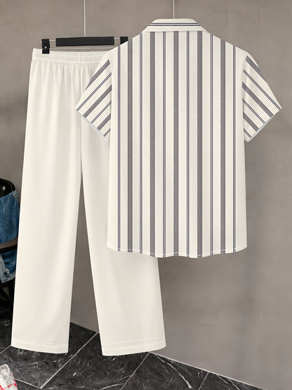 Men's Casual Summer Lapel Shirt and Long Pants Set