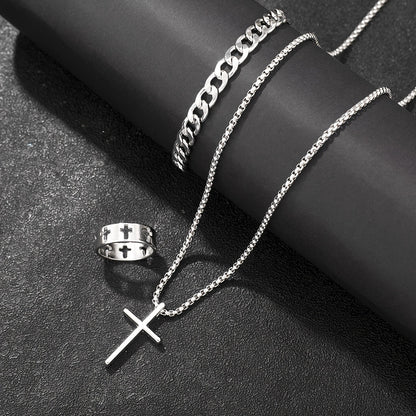3pcs 's Fashion Jewelry Set: Hip Hop Bracelet, Necklace & Ring - Alloy Gift for Boyfriend/Husband, for Teenager